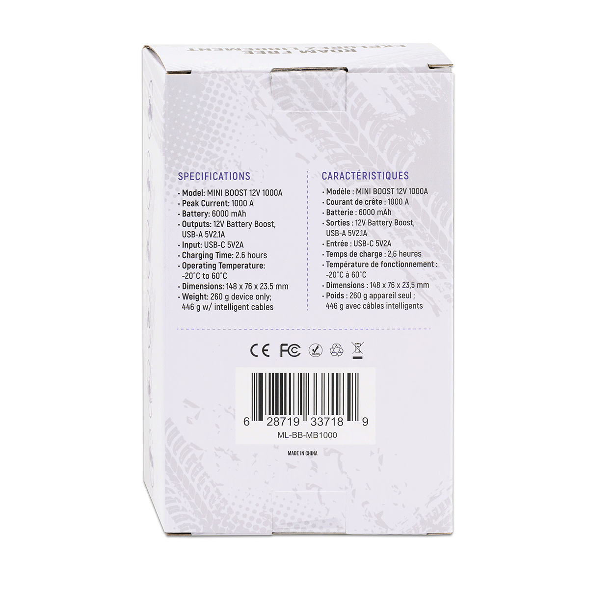 Back of Mini Boost 12V 1000A Battery Booster box displaying technical specifications and multilingual product details.