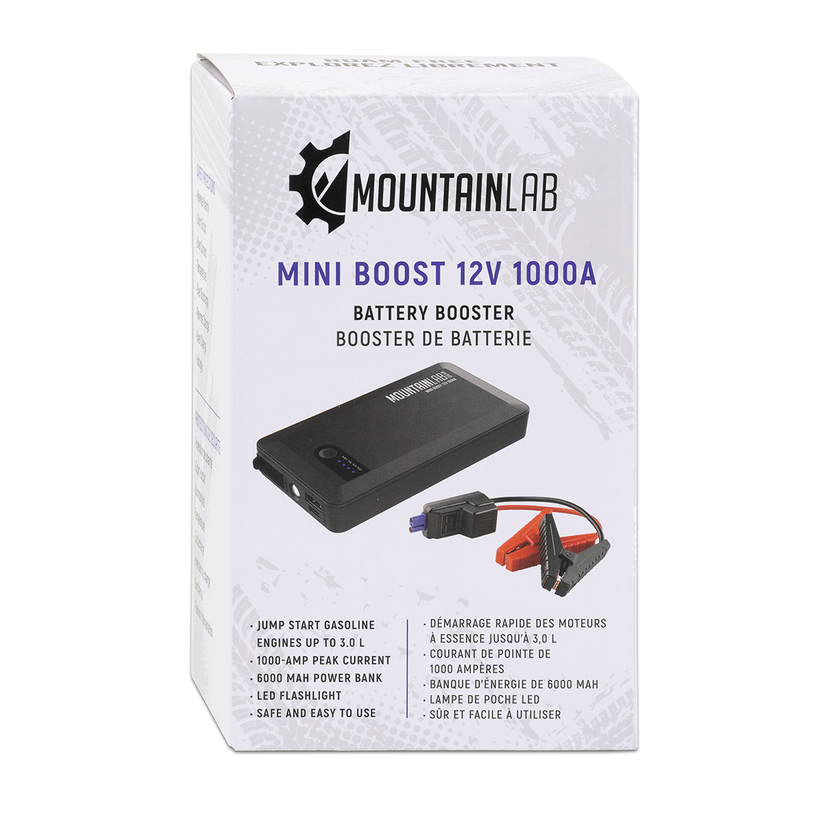 Retail packaging of Mini Boost 12V 1000A Battery Booster highlighting features like 1000A peak current and USB power bank.