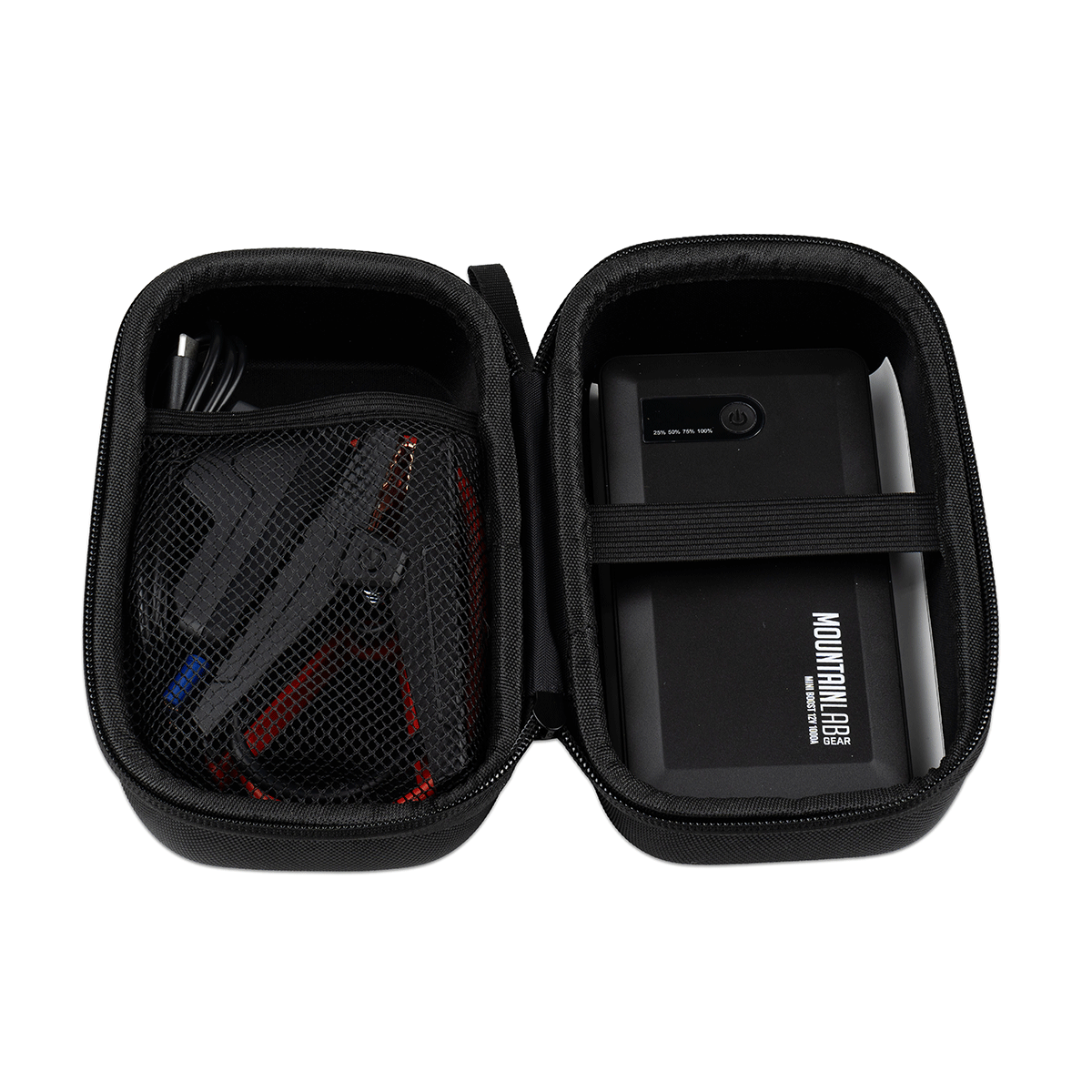 Open carrying case showing organized Mini Boost 12V 1000A Battery Booster and accessories for easy transport and use.