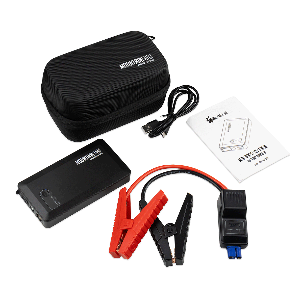 Complete Mini Boost 12V 1000A Battery Booster kit including jumper cables, USB cable, user manual, and carrying case.