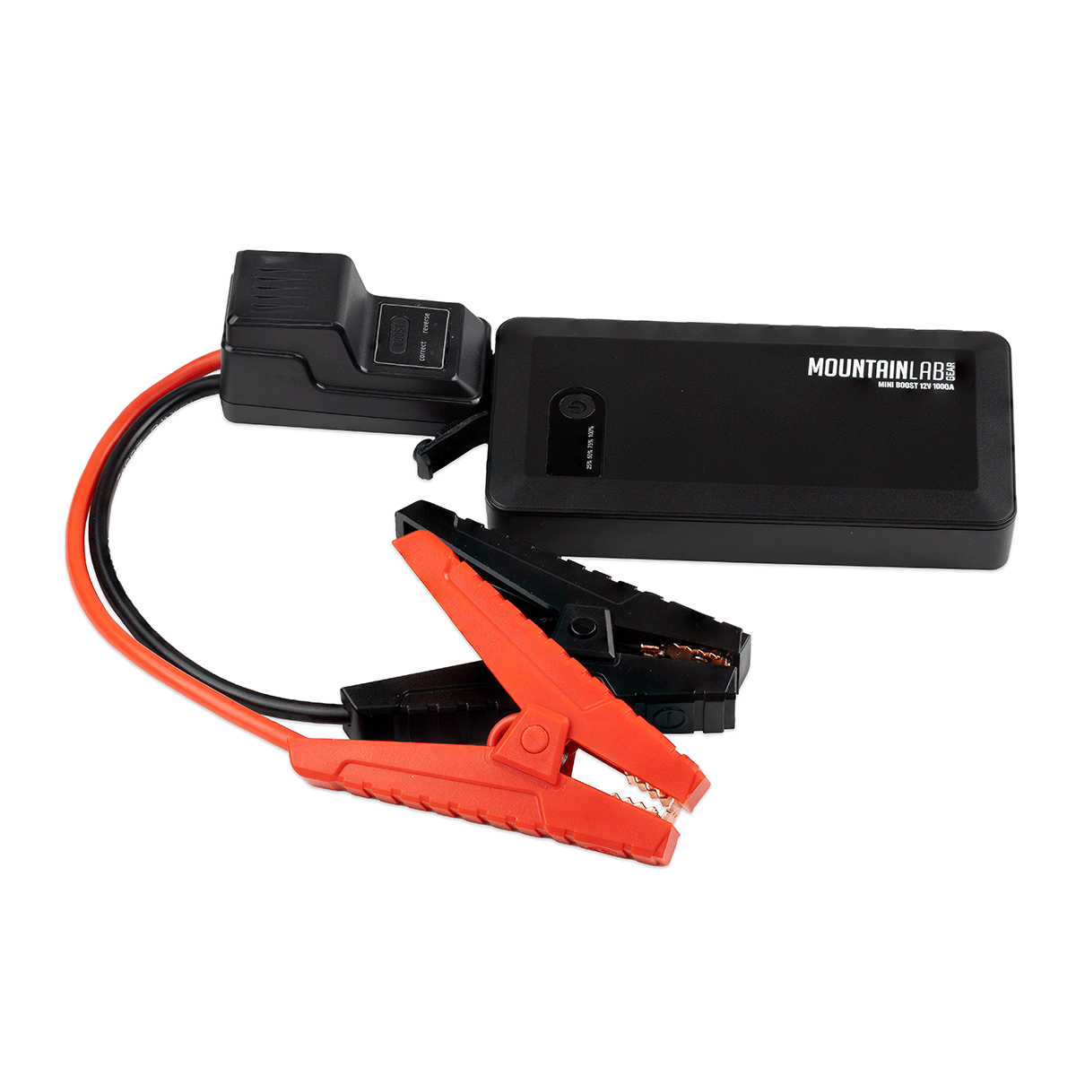 Mini Boost 12V 1000A Battery Booster with attached jumper cables, compact design ideal for emergency vehicle starts.